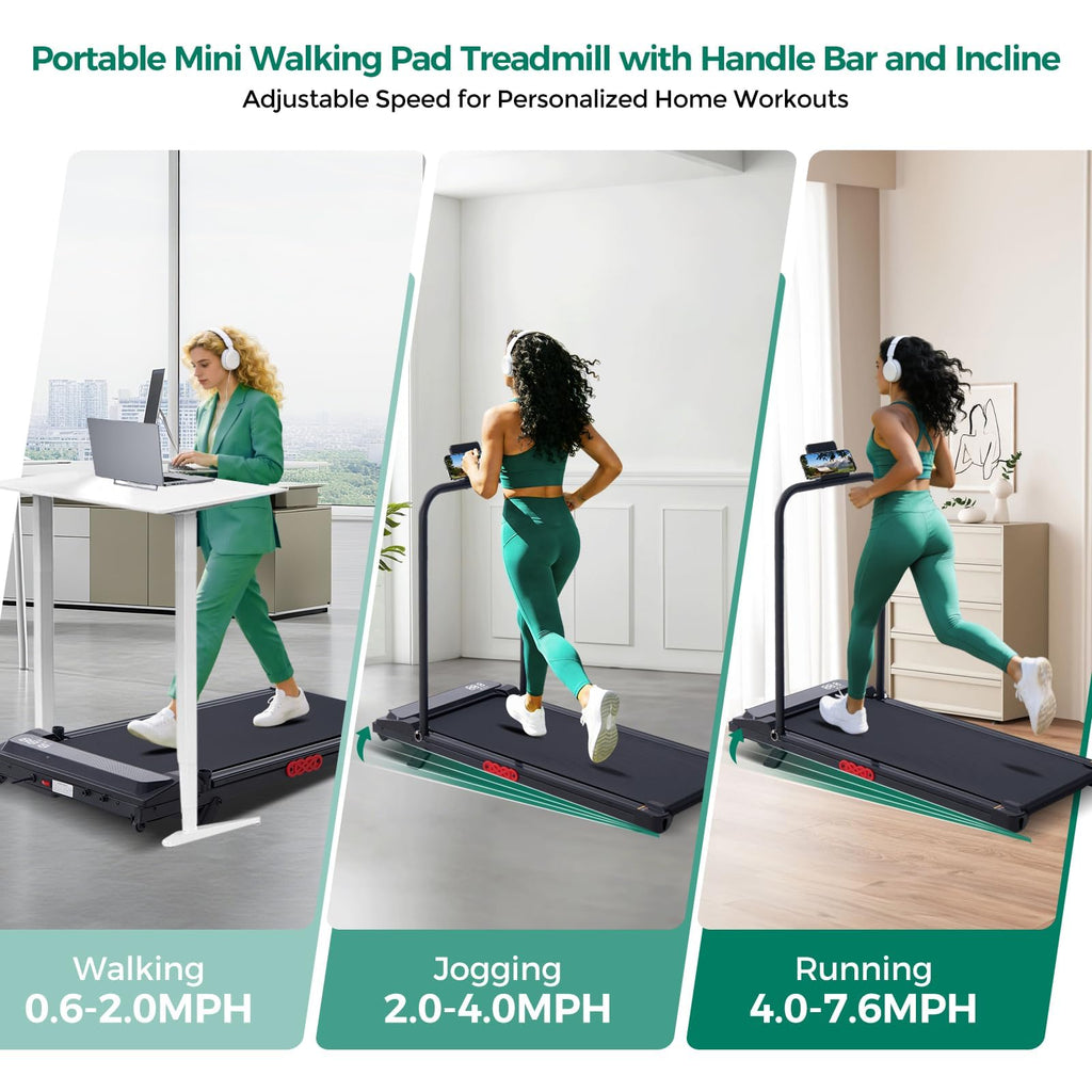 Incline Walking Pad Treadmill with Handle Bar