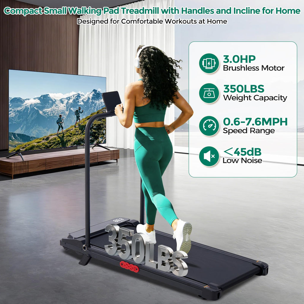 Incline Walking Pad Treadmill with Handle Bar