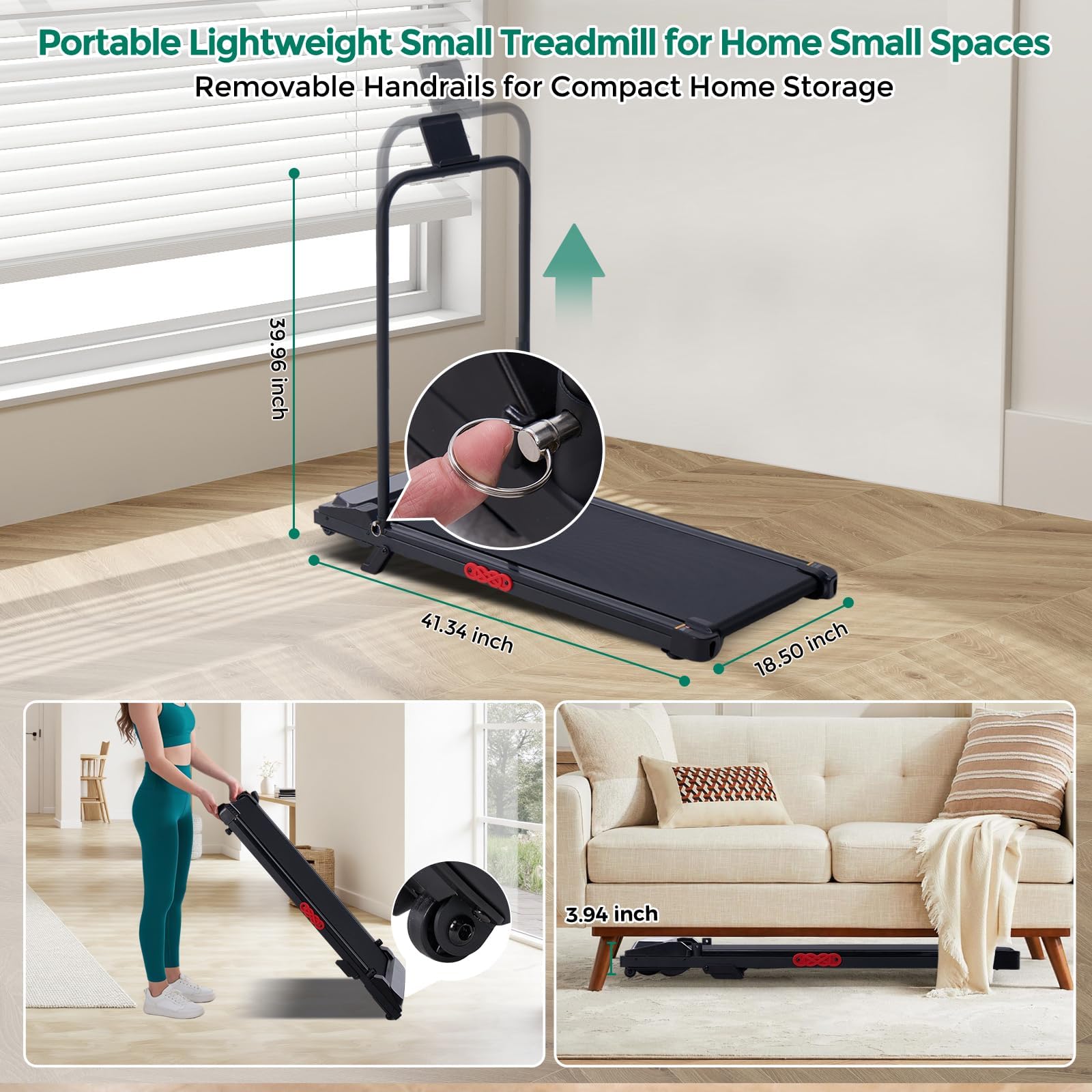 Incline Walking Pad Treadmill with Handle Bar
