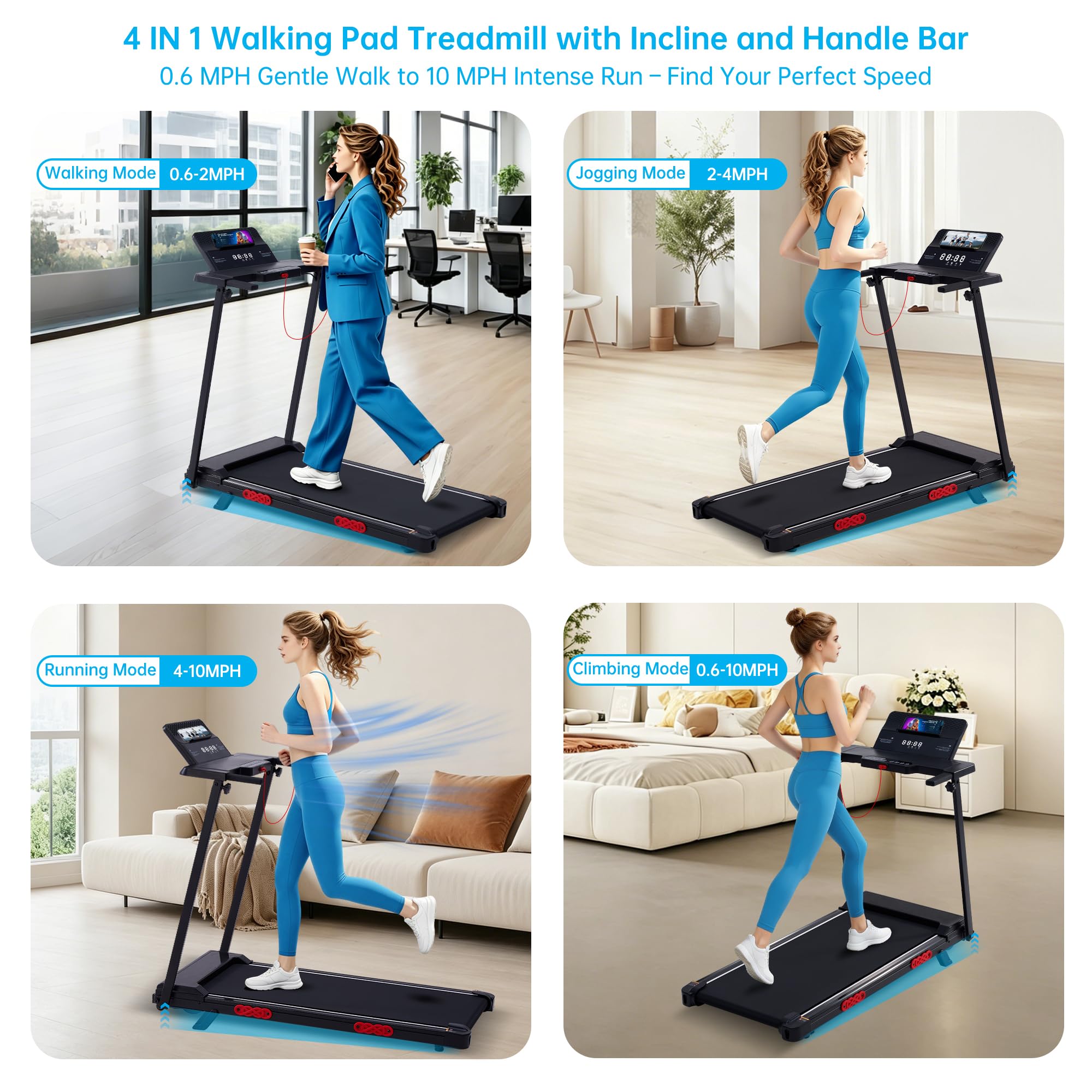Incline Walking Pad Treadmill with Handle Bar